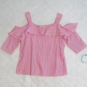 Notations Pink and White Striped Cold-Shoulder Ruffle Blouse